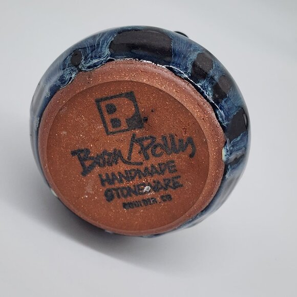 Vintage Born Polly Studio Pottery Vase Pinched Flared Rim & Blue Drip Glaze - Picture 3 of 8